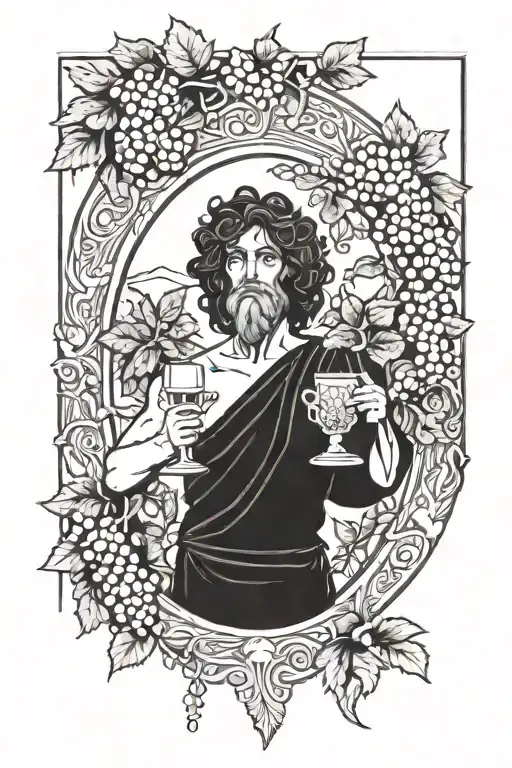 A tattoo design featuring the ancient Greek god Dionysus holding a goblet of wine and surrounded by grapevines tattoo design idea