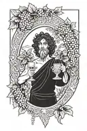 A tattoo design featuring the ancient Greek god Dionysus holding a goblet of wine and surrounded by grapevines tattoo design idea
