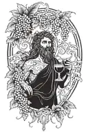 A tattoo design featuring the ancient Greek god Dionysus holding a goblet of wine and surrounded by grapevines tattoo design idea