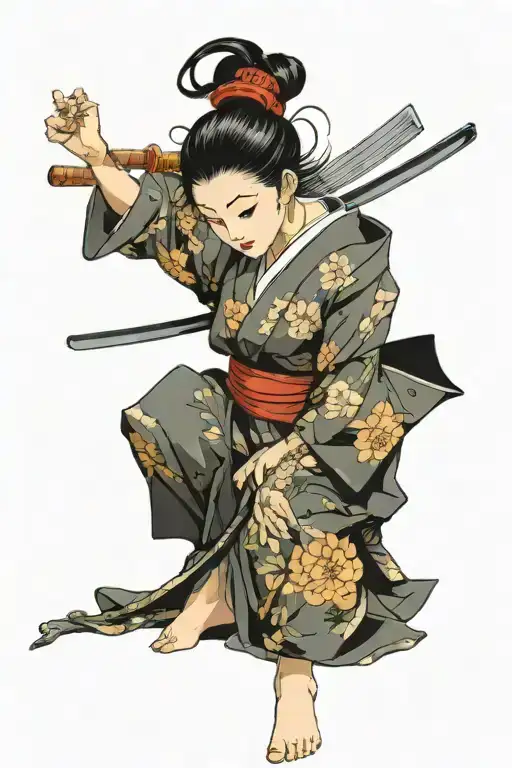 A woman in a kimono, with a katana in her left hand and a fan in her right hand, she's holding the fan in her face tattoo design idea