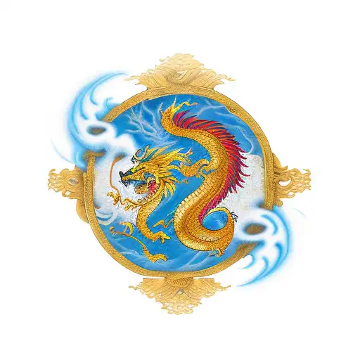 A traditional-style design showcasing a lion, phoenix, and Chinese golden dragon in a harmonious circle tattoo design idea