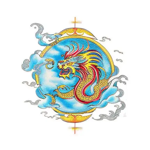 A traditional-style design showcasing a lion, phoenix, and Chinese golden dragon in a harmonious circle tattoo design idea