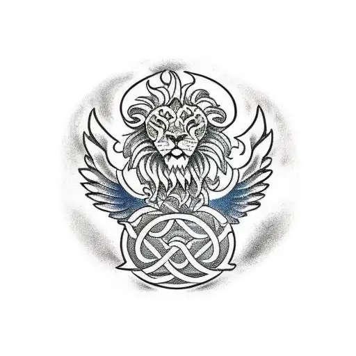 A traditional-style design showcasing a lion, phoenix, and Chinese golden dragon in a harmonious circle tattoo design idea