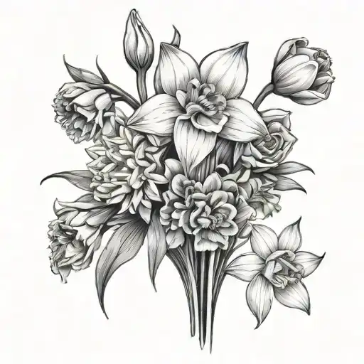 bouquet of daffodils gerberas and tulips black tattoo design idea