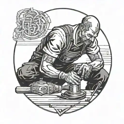 A tattoo symbolizing determination and resolve, featuring a craftsman working on a detailed project tattoo design idea