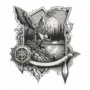 A tattoo design symbolizing the client's love for adventure, with a craftsman creating a unique piece of art in the background tattoo design idea