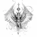 A valkyrie with wings made of swirling waves, holding a shield with Viking symbols tattoo design idea