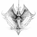 A valkyrie with wings made of swirling waves, holding a shield with Viking symbols tattoo design idea
