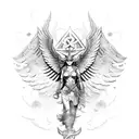 A valkyrie with wings made of swirling waves, holding a shield with Viking symbols tattoo design idea