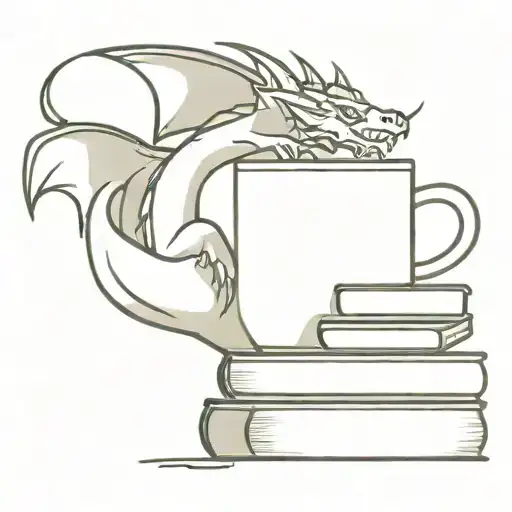 A dragon curled around a pile of books, holding a coffee cup in its claw tattoo design idea