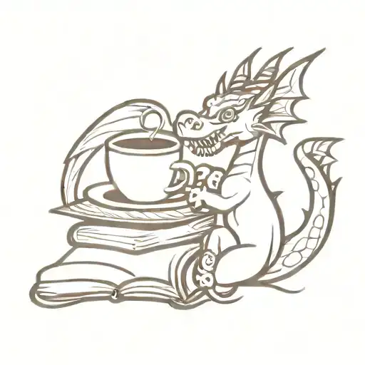 A dragon curled around a pile of books, holding a coffee cup in its claw tattoo design idea