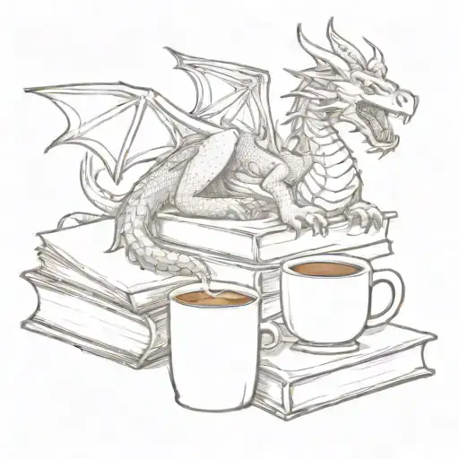 A sketch of a dragon curled around a stack of books with a coffee mug on top tattoo design idea