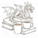 A sketch of a dragon curled around a stack of books with a coffee mug on top tattoo design idea