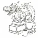 A sketch of a dragon curled around a stack of books with a coffee mug on top tattoo design idea