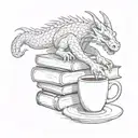 A sketch of a dragon curled around a stack of books with a coffee mug on top tattoo design idea