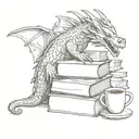 A sketch of a dragon curled around a stack of books with a coffee mug on top tattoo design idea