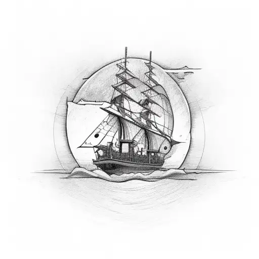 A stylized trading ship sailing towards a radiant sunrise on the client's upper arm tattoo design idea