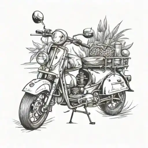 Combine a moped with elements of farming tools or crops tattoo design idea