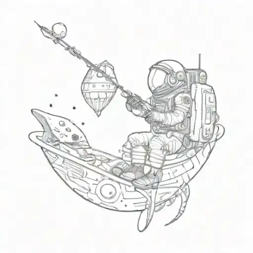 an astronaut fishing while sitting on top of an alien spacecraft tattoo design idea