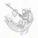 an astronaut fishing while sitting on top of an alien spacecraft tattoo design idea