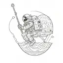 an astronaut fishing while sitting on top of an alien spacecraft tattoo design idea