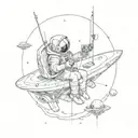 an astronaut fishing while sitting on top of an alien spacecraft tattoo design idea