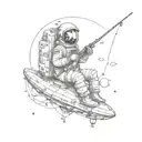 an astronaut fishing while sitting on top of an alien spacecraft tattoo design idea