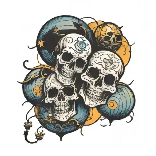 2 skulls on lsd paper lanterns flying tattoo design idea