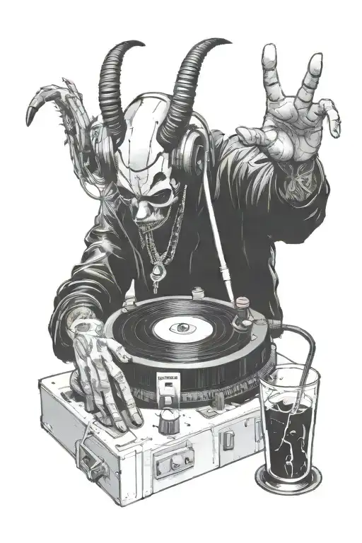 A aliendemon DJ spinning records with a game controller in hand reaching for a tattoo design idea