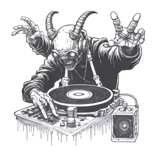A aliendemon DJ spinning records with a game controller in hand reaching for an alien tattoo design idea
