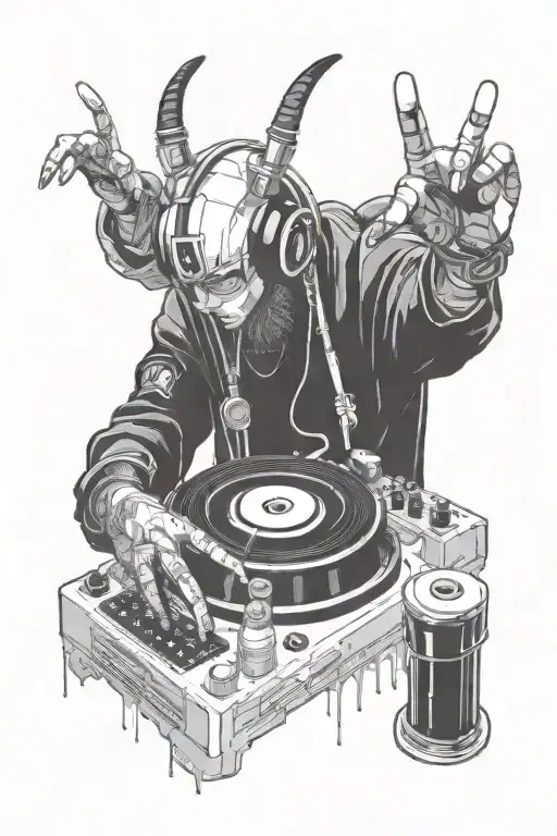 A aliendemon DJ spinning records with a game controller in hand reaching for a tattoo design idea