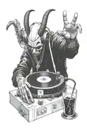 A aliendemon DJ spinning records with a game controller in hand reaching for a tattoo design idea