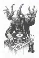 A aliendemon DJ spinning records with a game controller in hand reaching for a tattoo design idea