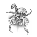 Scorpion inside the skull of a skeleton burning in fire tattoo design idea