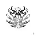 Scorpion inside the skull of a skeleton burning in fire tattoo design idea