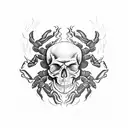 Scorpion inside the skull of a skeleton burning in fire tattoo design idea