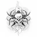 Scorpion inside the skull of a skeleton burning in fire tattoo design idea