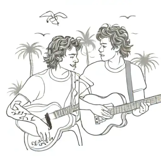 A surrealistic music-themed tattoo featuring Harry Styles and Louis Tomlinson playing instruments in a tropical travel setting tattoo design idea