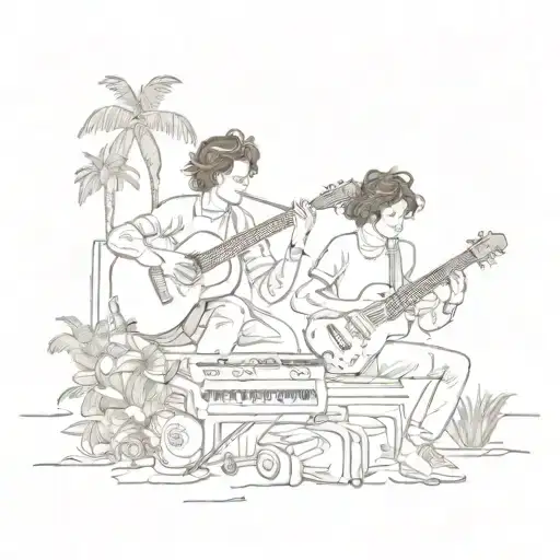 A surrealistic music-themed tattoo featuring Harry Styles and Louis Tomlinson playing instruments in a tropical travel setting tattoo design idea