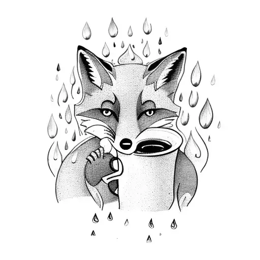 A serene scene of a fox lounging under a tree with a cup of coffee, as rain falls gently around them tattoo design idea