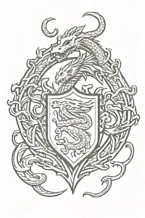 minimalist heraldic dragon serpent surrounding emblematic shield tattoo design idea