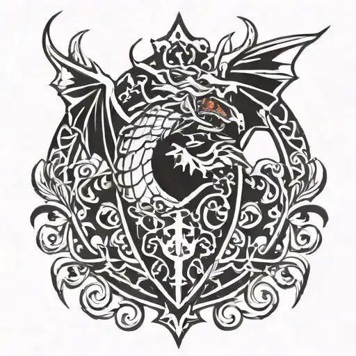 heraldic dragon surrounding oval shield tattoo design idea