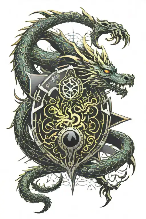 heraldic dragon serpent surrounding oval shield tattoo design idea