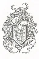 minimalist heraldic dragon serpent surrounding emblematic shield tattoo design idea