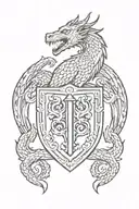 minimalist heraldic dragon serpent surrounding emblematic shield tattoo design idea