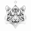 half tiger face, arrow and compass, black and grey, new destiny tattoo design idea