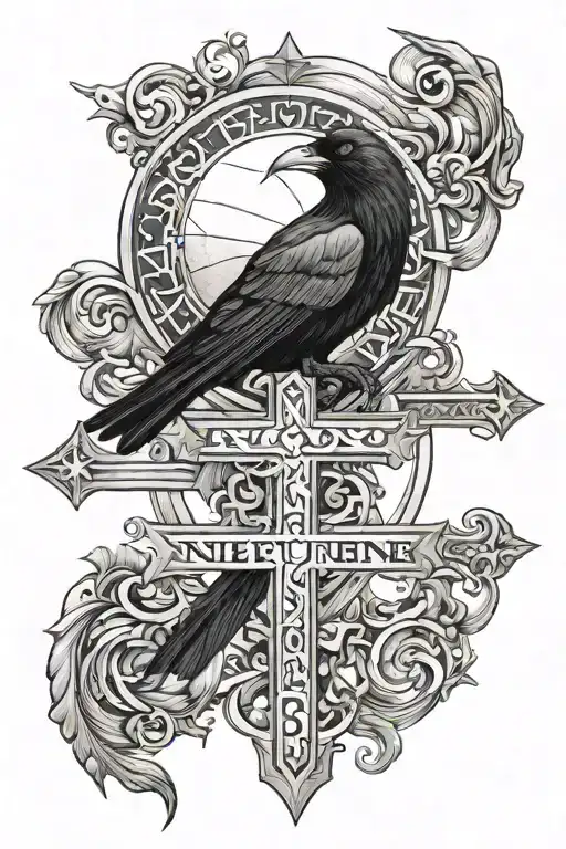 cross, number 24 and 999, planet neptune, raven tattoo design idea