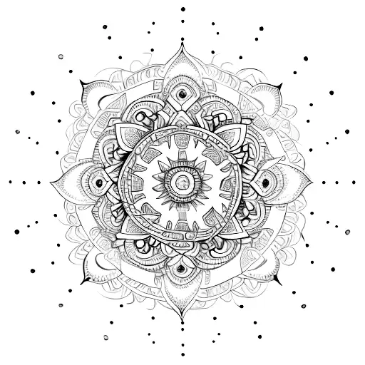 A mandala-inspired design incorporating elements of Indian art and cricket, showcasing the client's favorite things in a unique and intricate way. tattoo design idea