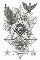 "Minimalist tattoo with geometric lines: angel, Eye of Osiris, 5-pointed star, 2 birds, rose, and sun, all interconnecte tattoo design idea