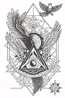 "Minimalist tattoo with geometric lines: angel, Eye of Osiris, 5-pointed star, 2 birds, rose, and sun, all interconnecte tattoo design idea